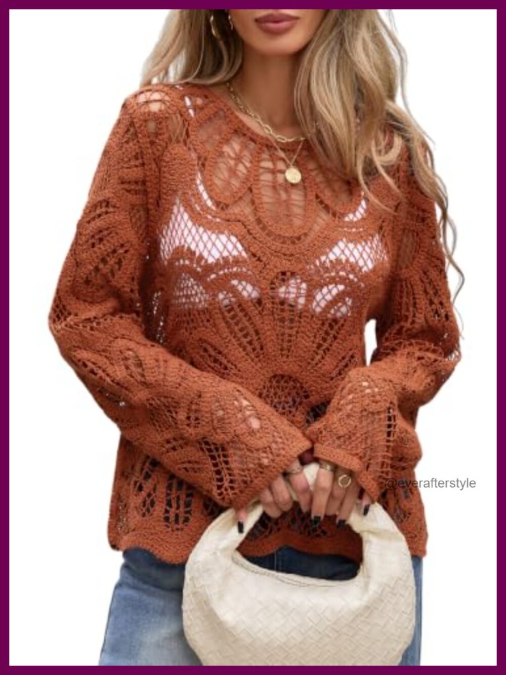 Womens 100% Cotton Crochet Knit Pullover Long Sleeve Boho Beach Coverup Top